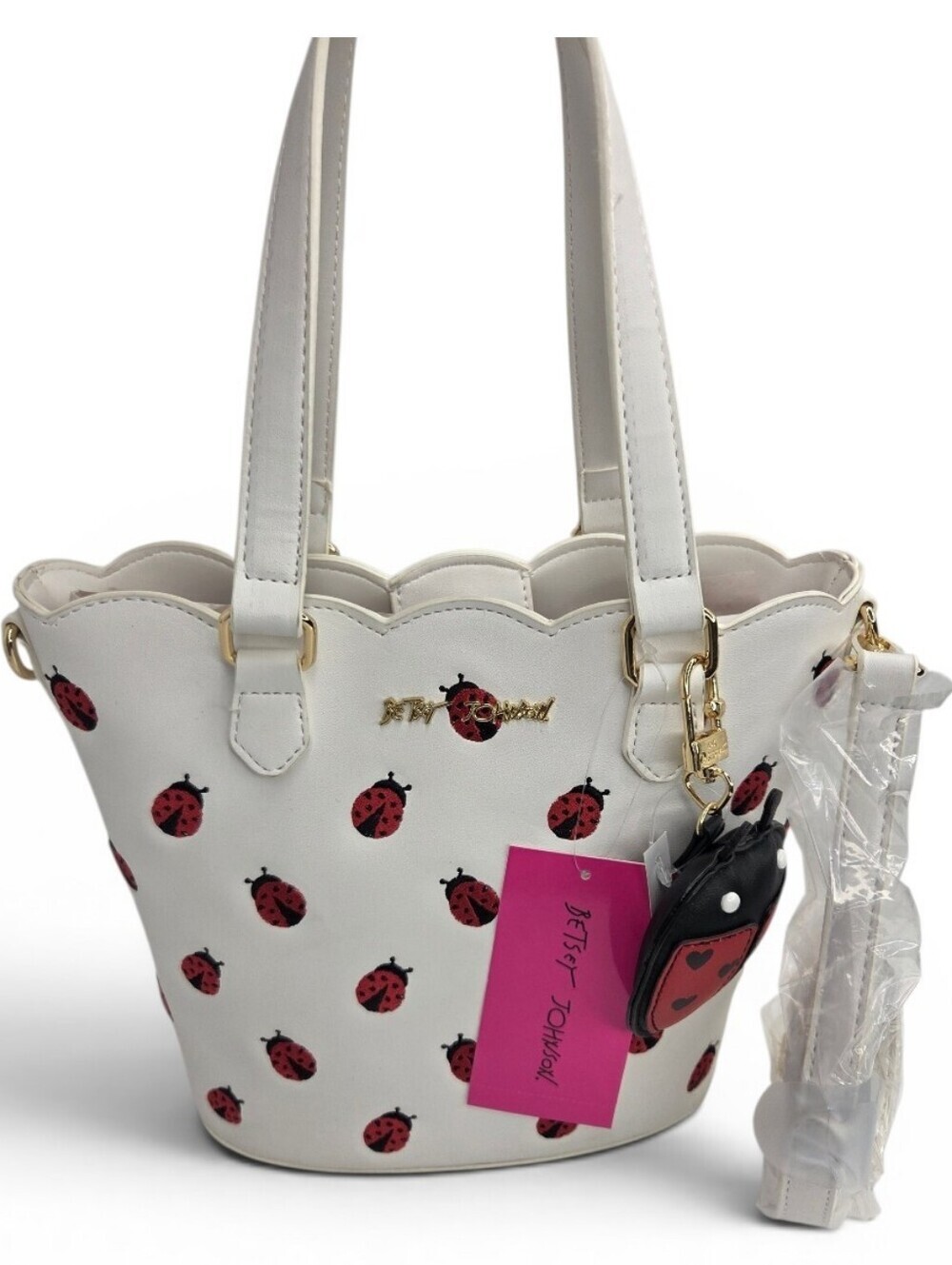 ❤️▪️Betsey Johnson ▪️White Ladybug Print Tote with Ladybug Charm